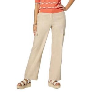 Jaclyn Smith Stretch Linen Blend Wide Leg Cargo Trouser Pants Tan Neutral Sz 1X